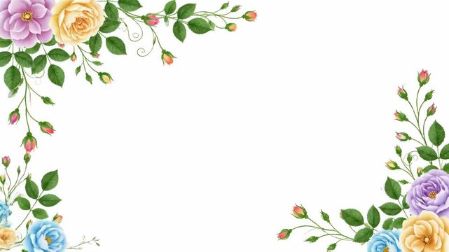 Elegant Flower Border Design on White - This video features an elegant design with roses in pink, yellow, and blue, along with green leaves, positioned in the corners of a white background creating a