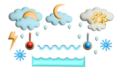 Weather 3D vector icons set – sun, cloud, rain, snow, storm, thermometer