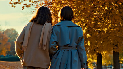 Fototapeta premium Autumn Stroll: Friends Enjoying a Scenic Walk Amid Fall Foliage
