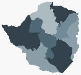 Map of Zimbabwe with regions. Just a simple country border map with region division. Blue grey color palette. Plain Zimbabwe shape with administrative division. Vector illustration.