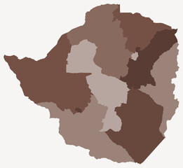 Obraz premium Map of Zimbabwe with regions. Just a simple country border map with region division. Brown color palette. Flat Zimbabwe shape with administrative division. Vector illustration.