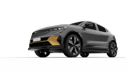 Transparent background, gray colored modern electric suv car at a front left angle, showcasing its aerodynamic lines and modern styling in a high-quality 3D render.