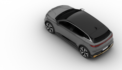 Transparent background, gray colored moedern electric suv car top-down view, showcasing its sleek roof design and aerodynamics in a detailed 3D render.