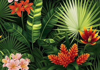 Vibrant tropical jungle foliage and exotic flowers create a lush, verdant paradise backdrop for any design project.