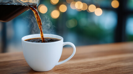 Baristaâs hand pouring rich black coffee into a simple white mug, wooden table background blurred with bokeh light, detailed steam rising gracefully