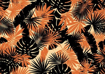 Vibrant tropical leaf pattern in black and orange evokes exotic, modern design perfect for fashion and decor