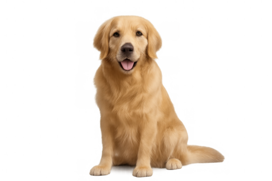 Golden retriever dog sitting, facing camera with open mouth, smiling, happy pet on transparent background