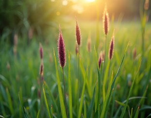 Close up photo shows Cyperus rotundus plant. Purple nut sedge with green leaves grows in meadow. Sunny light shines at wild nature landscape background.