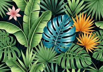 Vibrant tropical foliage pattern with lush green leaves and exotic blooms for stunning backgrounds and design elements