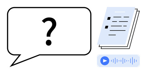 Question mark in speech bubble, text document stack, and audio waveform with playback button. Ideal for communication, inquiry, education, technology, learning, presentations and minimal visual