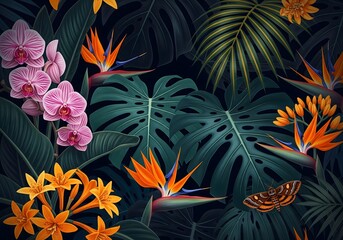 Vibrant tropical rainforest flora with exotic orchids, bird of paradise, monstera leaves, and a moth