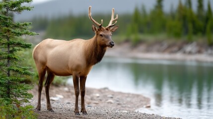 Fototapeta premium A deer gazes at the calm water, framed by vibrant autumn foliage and serene forest scenery, creating a peaceful atmosphere