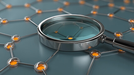 Magnifying glass over connected nodes depicting network analysis for auditing relationships detecting issues and optimizing complex systems and data flows.
