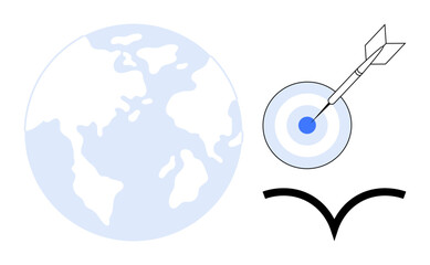 Earth, bullseye target with arrow, and bird in flight representing precision, global vision, focus, success, strategy sustainability aspirations. Ideal for leadership business environment. Simple