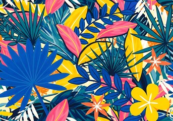 Vibrant tropical foliage pattern bursts with bold blues, sunny yellows, and hot pinks creating a lively, energetic jungle vibe.