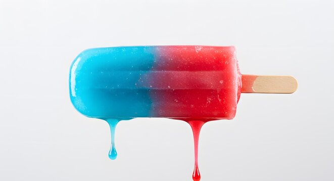 Delicious summer popsicle treat with red and blue colors, melting on a white background, frozen dessert