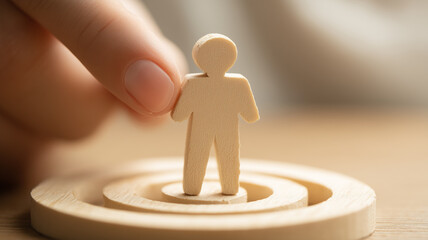 Wooden figure placed at the center target, expressing customer focus, precise market segmentation, and user centric strategy.
