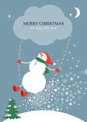 Cute winter illustration of a snowman having fun on a swing