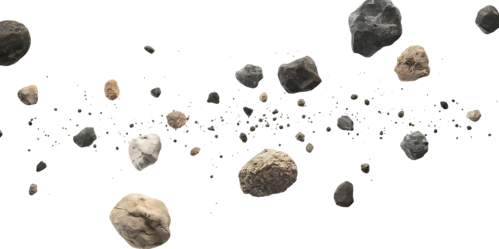 Asteroids and space debris, collection of various sized floating in the void, cutout, PNG isolated on transparent background
