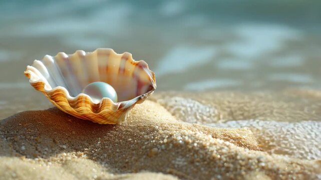 Discovering a beautiful pearl nestled in a seashell on a serene beach at sunset