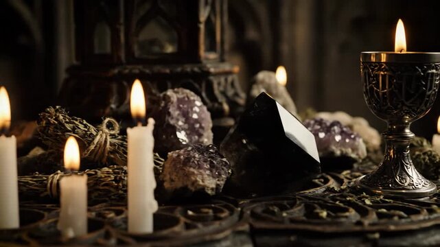 Gothic Altar with Candles and Crystals - A gothic sacred altar is shown with white candles, sage bundles, amethyst, a black crystal, and a chalice. The altar table has intricate gothic carvings.