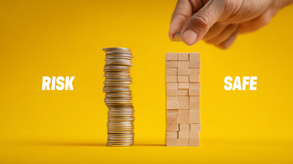 Coins beside wooden blocks under the words risk and safe depict investment choices and portfolio balance, illustrating risk management trade offs and the pursuit of stable returns.
