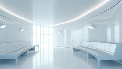 Modern waiting area in an expansive, minimalist building featuring sleek benches and natural light streaming through large windows
