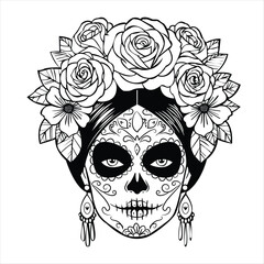 La catrina sugar skull woman with elaborate floral headdress and detailed day of the dead makeup in line art.