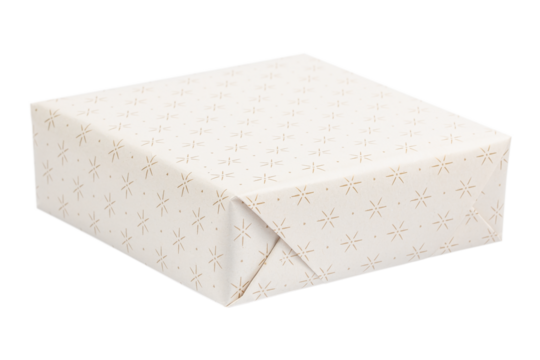 Minimalist beige gift box wrapped in elegant paper with golden star pattern, isolated, symbolizing sophistication, holiday elegance, and modern design