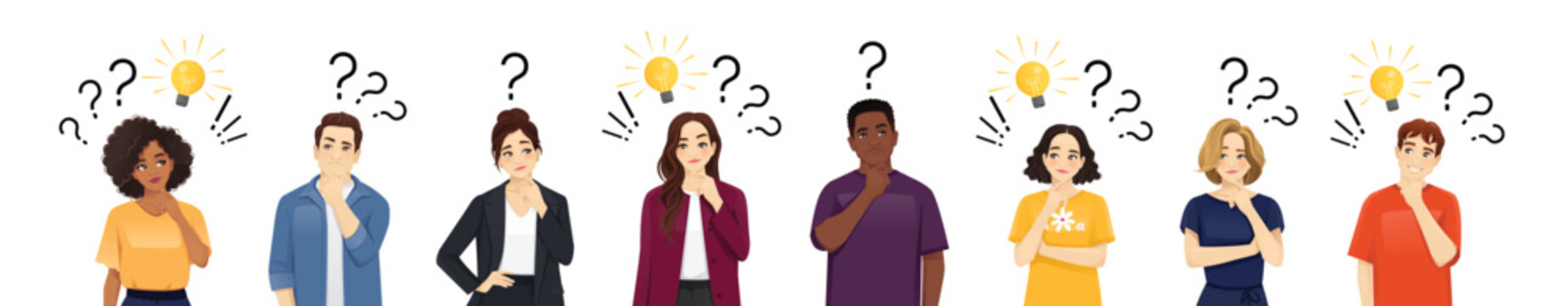 Set of thoughtful people. Vector illustration of cartoon men and women thinking, planning, or pondering with question marks and light bulbs.