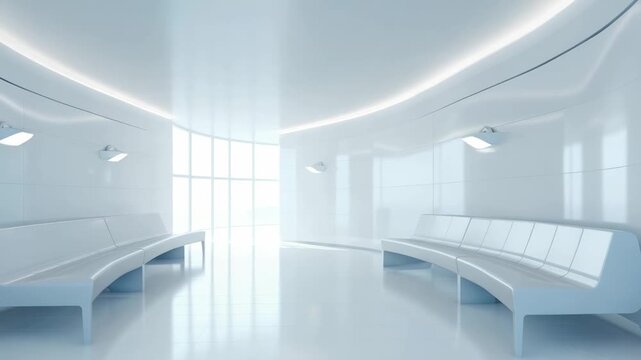 Modern waiting area in an expansive, minimalist building featuring sleek benches and natural light streaming through large windows
