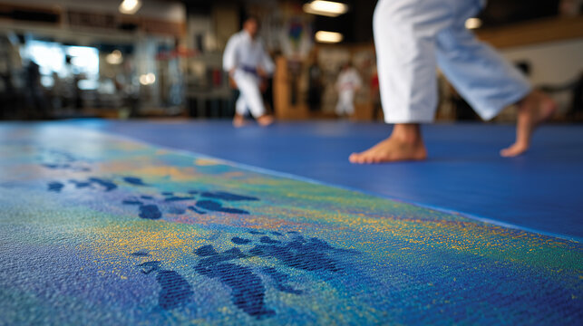 Close-up of martial arts mats with footprints and handprints, athlete practicing throws in background softly blurred, detailed texture and vibrant colors emphasized - Powered by Adobe