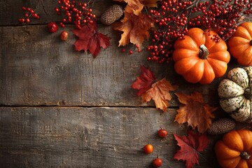 autumn maple leaves pumpkins and red berries