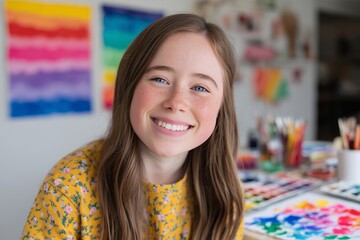 Portrait of a smiling teen girl with Down syndrome, wearing a yellow floral sweater, surrounded by colorful art supplies and vibrant paintings in a creative studio environment