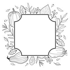 Autumn square frame. Postcard template with foliage, pumpkin and fruits in doodle style.