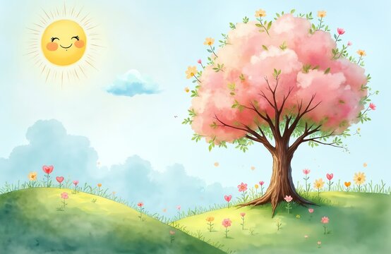 Watercolor art illustration shows a sunny day with a smiling sun a pink tree and flowers growing in grass. Background includes a blue sky and cute clouds.