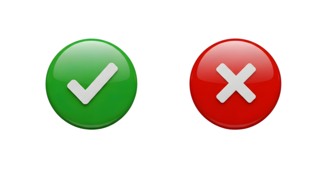 Green Check Mark and Red X Symbol on White Background.
