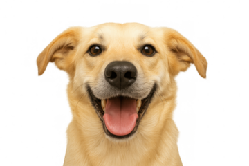Happy golden retriever mix dog smiling with tongue out, close-up headshot portrait on transparent background