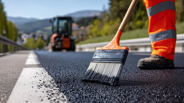 Worker applying asphalt sealant with brush, close-up on sticky texture and precise application