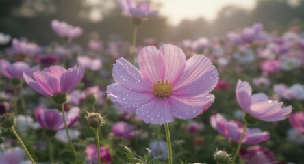Fototapeta premium A field of light pink flowers, glistening with water droplets, bathed in sunlight