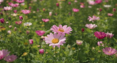 A field of vibrant daisies blooms with pink and white petals amid green foliage