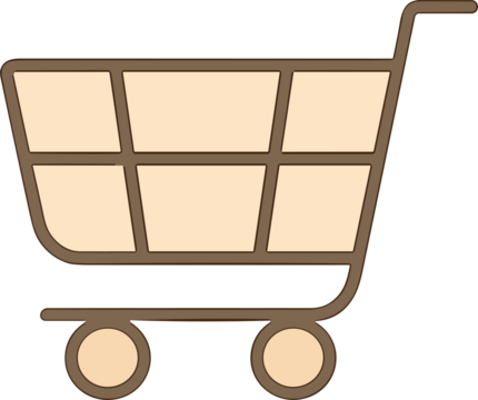 A simple, flat-style shopping cart icon with rounded shapes and a soft beige and brown color palette.