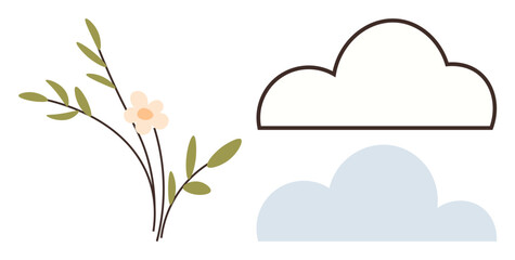 Delicate floral branch with soft petals paired with outlined and filled cloud shapes. Ideal for nature, serenity, minimalism, weather, eco-design, mindfulness, peaceful environments. A simple flat