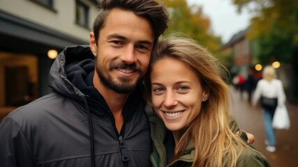 Young couple enjoys a cozy stroll in autumn while sharing smiles and laughter in a charming outdoor location