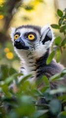 Lemur Sits Among Lush Foliage, Observing Its Surroundings in a Sunny Environment