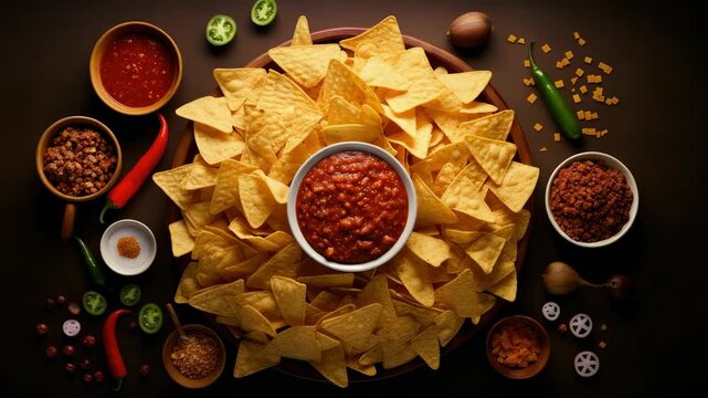 Colorful nachos with spicy salsa and toppings arranged on a dark table ready for a party snack or gathering