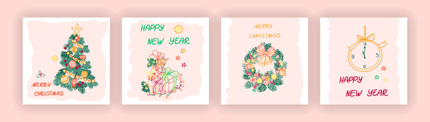 Retro vintage doodle-style New Year's banners. Cute posters for Christmas or New Year's.  Greeting cards on pink background ready for xmas party invitations.Vector