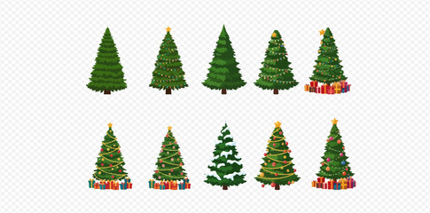A collection of ten Christmas trees, some decorated with lights and gifts, on a transparent background.
