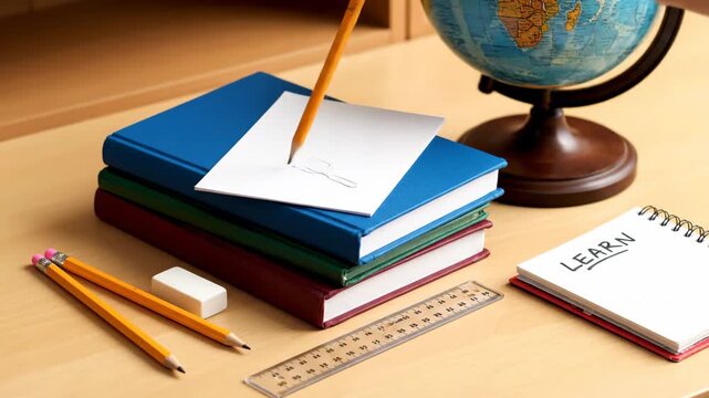 Academic Study Still Life - A still life featuring a stack of colorful books topped with a blank white card, a globe, pencils, eraser, and a notebook with the word "LEARN" written on it.