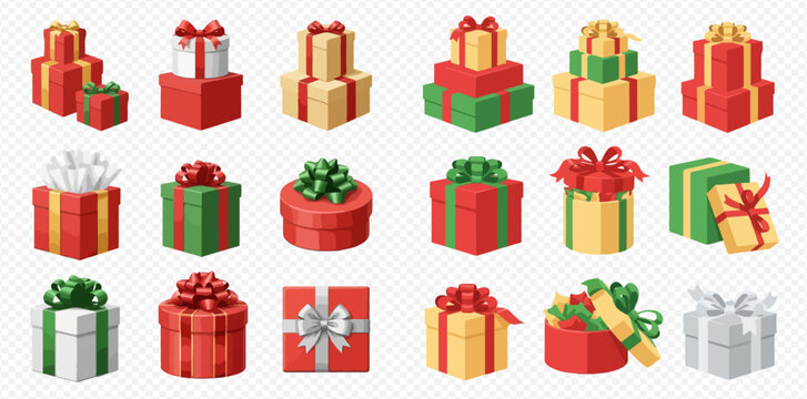 A collection of colorful Christmas presents with bows, stacked and arranged in a grid on a transparent background.